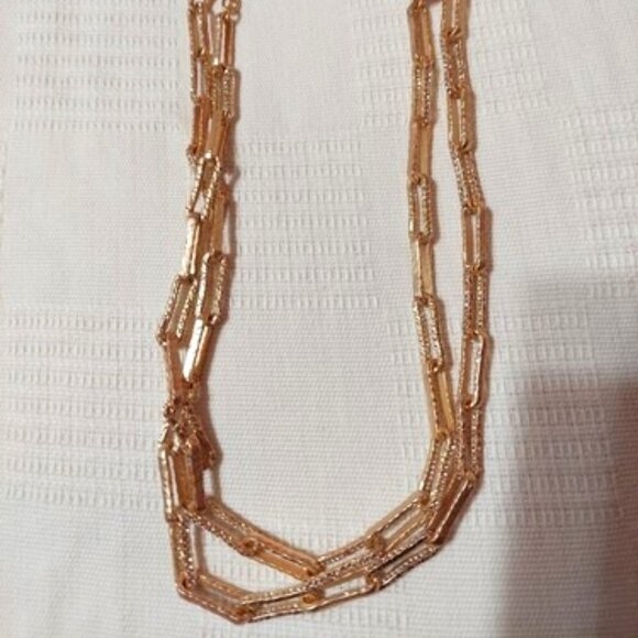 NWT White House Black Market Gold Tone 2 Chain Paperclip Necklace w/ Clear Stone - Picture 1 of 1